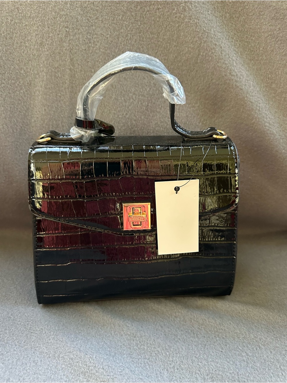 Patent Croc-Embossed Top-Handle Bag in Black
